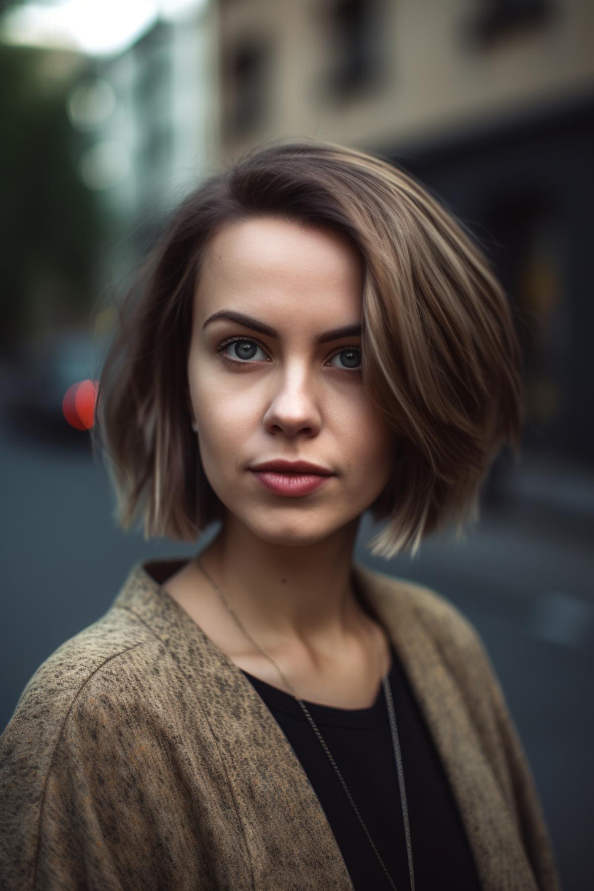 40 year old woman with pixy-bob fusion hairstyle with ombre coloring