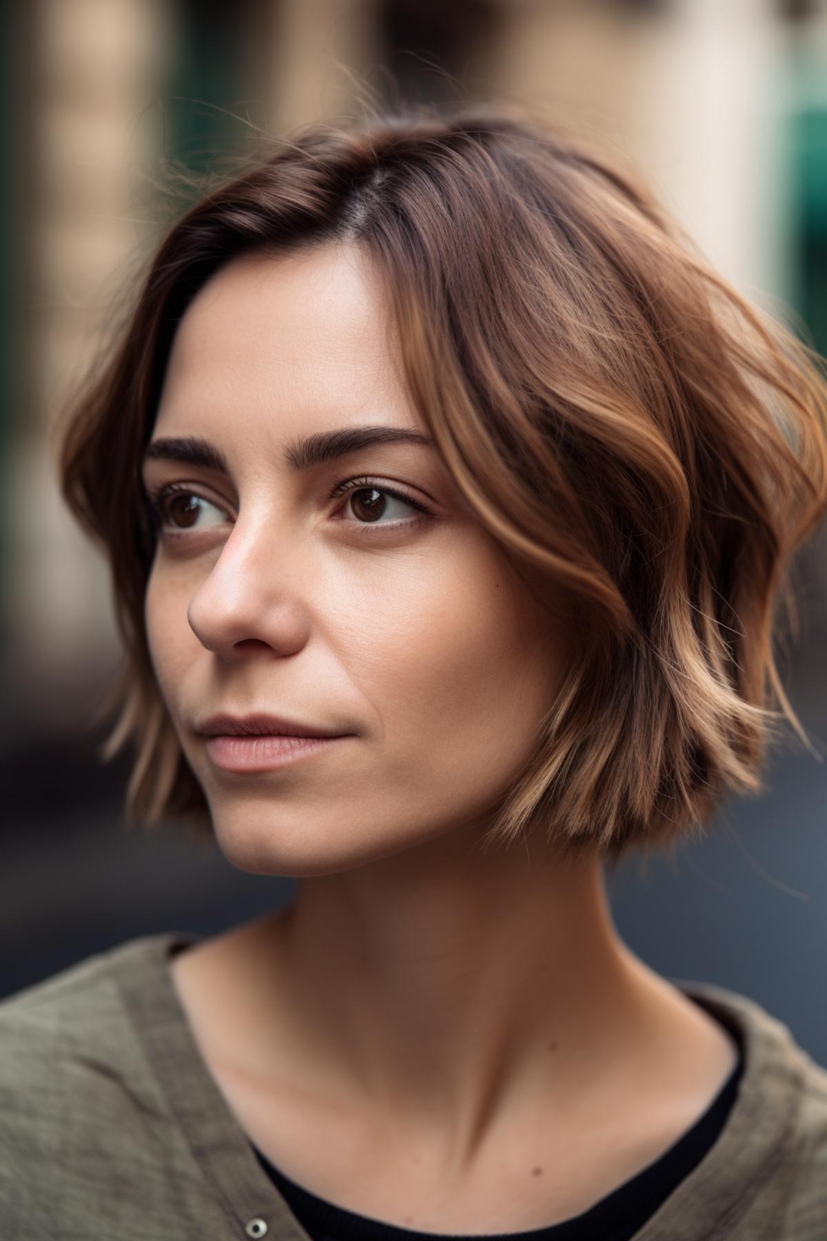 40 year old woman with pixy-bob fusion hairstyle with ombre coloring