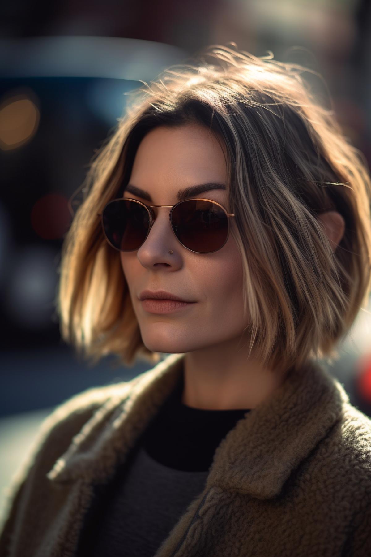 40 year old woman with pixy-bob fusion hairstyle with ombre coloring