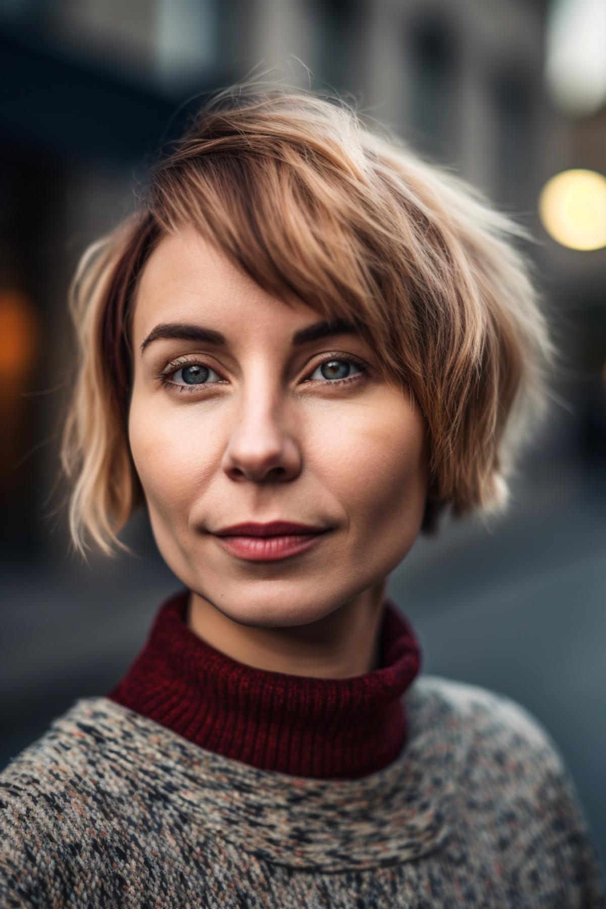 40 year old woman with pixy-bob fusion hairstyle with ombre coloring