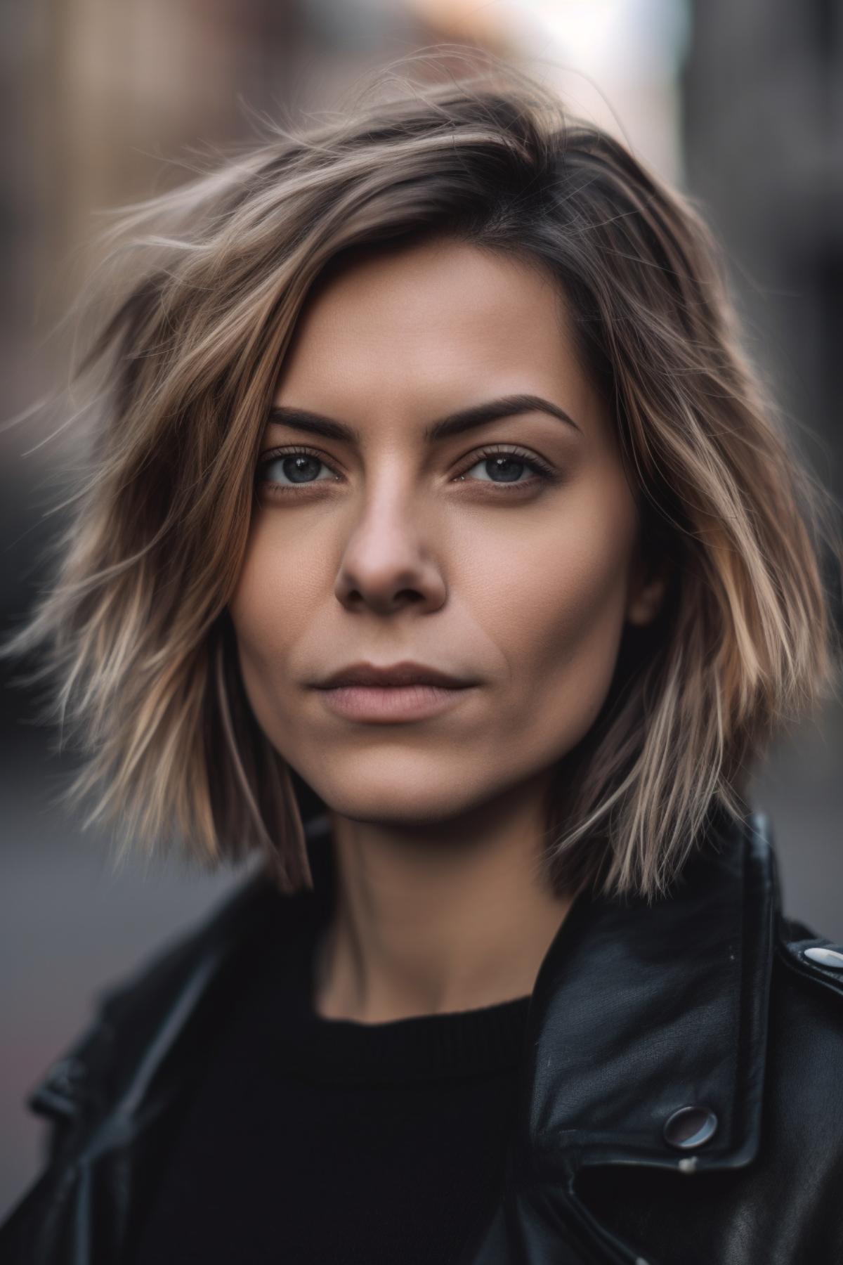 40 year old woman with pixy-bob fusion hairstyle with ombre coloring