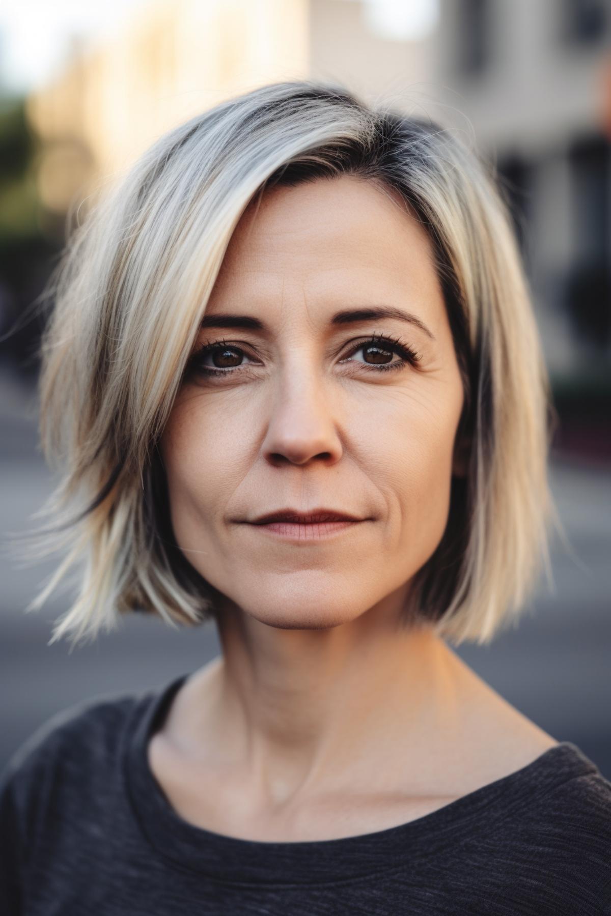 40 year old woman with pixy-bob fusion hairstyle with ombre coloring