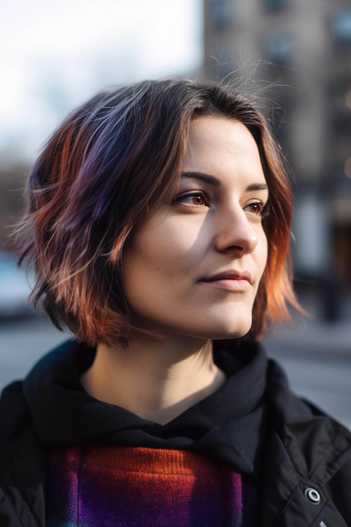 40 year old woman with pixy-bob fusion hairstyle with ombre coloring