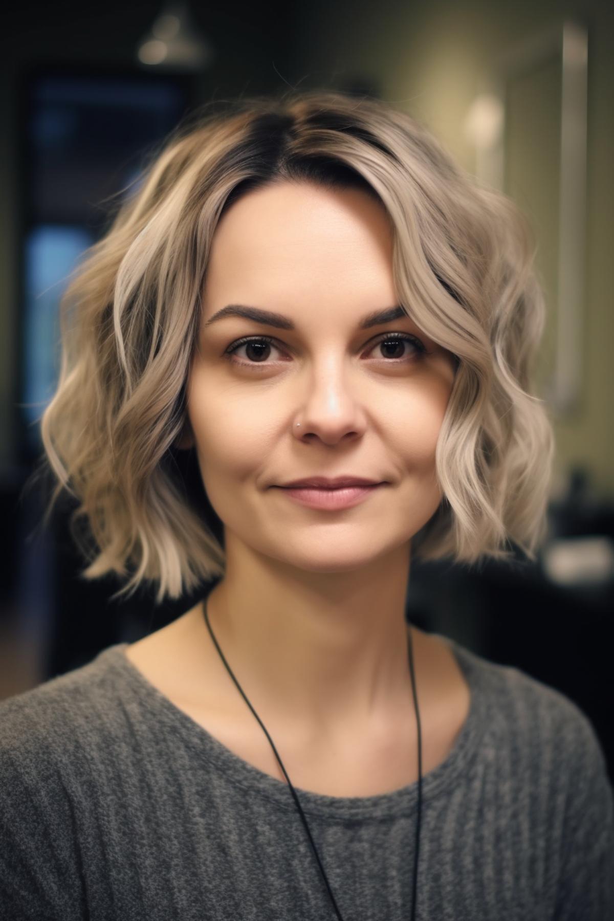 40 year old woman with pixy-bob fusion hairstyle with ombre coloring